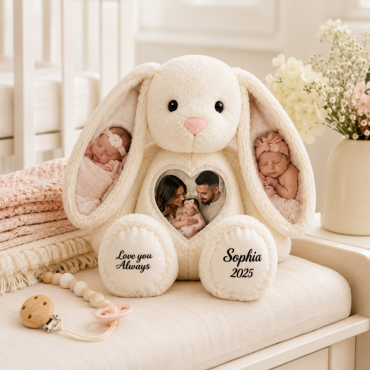 Baby photo bunny Custom Name Wall Clock — personalized with a custom name