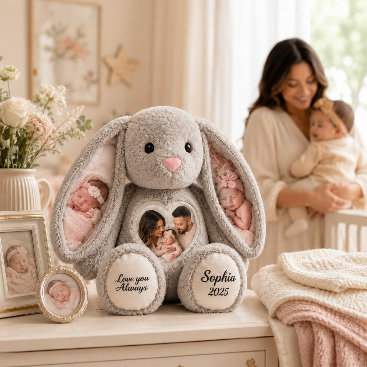 Baby photo bunny Custom Name Wall Clock — personalized with a custom name