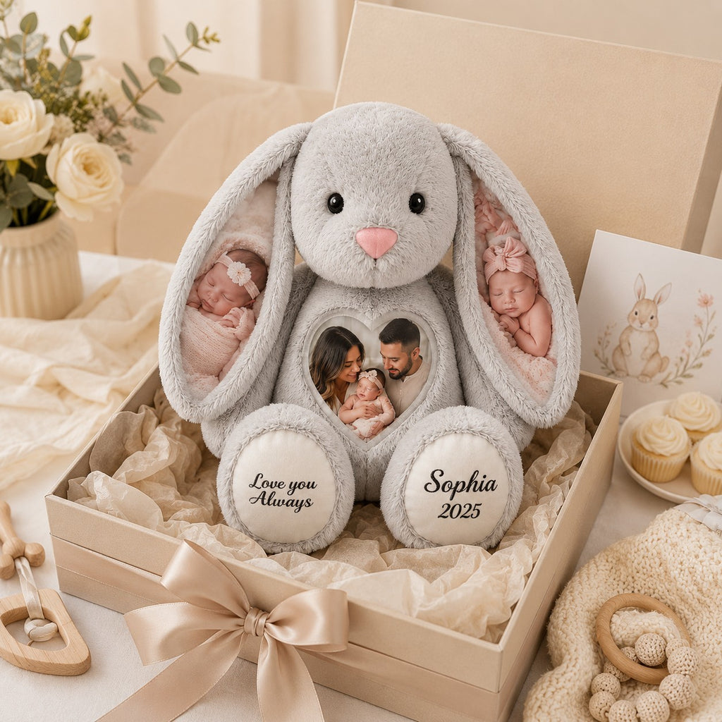 Baby photo bunny Custom Name Wall Clock — personalized with a custom name