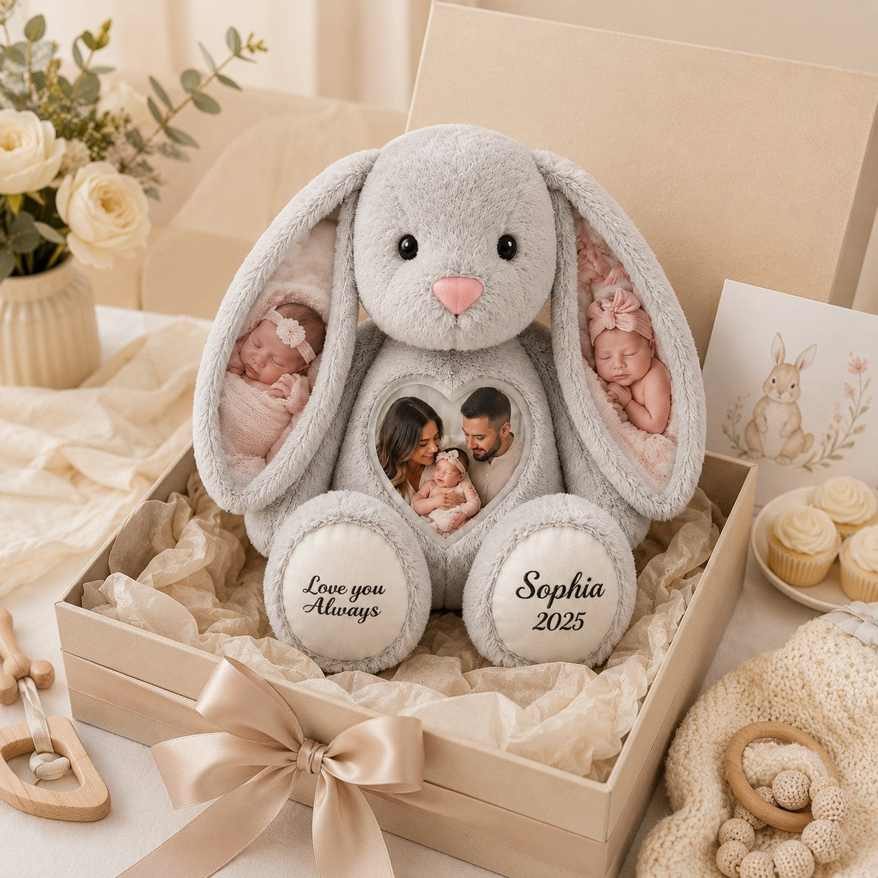 Baby photo bunny Custom Name Wall Clock — personalized with a custom name