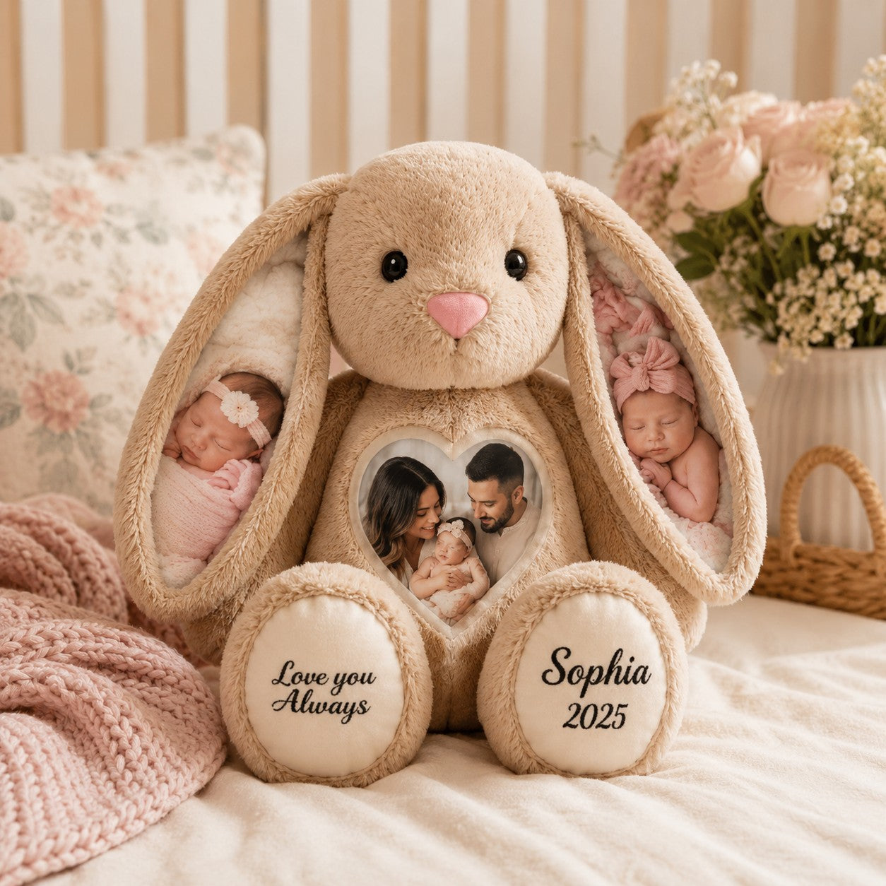 Baby photo bunny Custom Name Wall Clock — personalized with a custom name