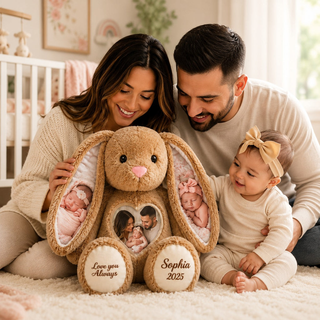 Baby photo bunny Custom Name Wall Clock — personalized with a custom name