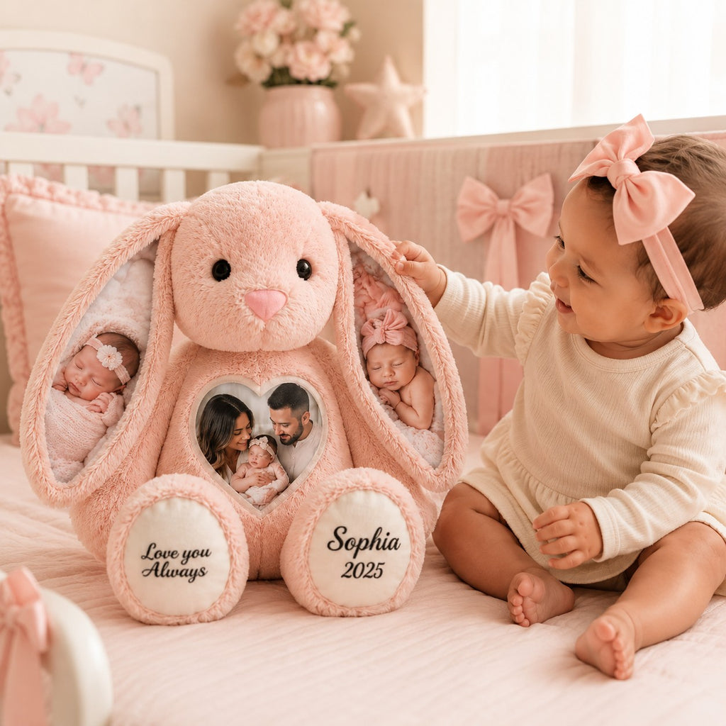 Baby photo bunny Custom Name Wall Clock — personalized with a custom name