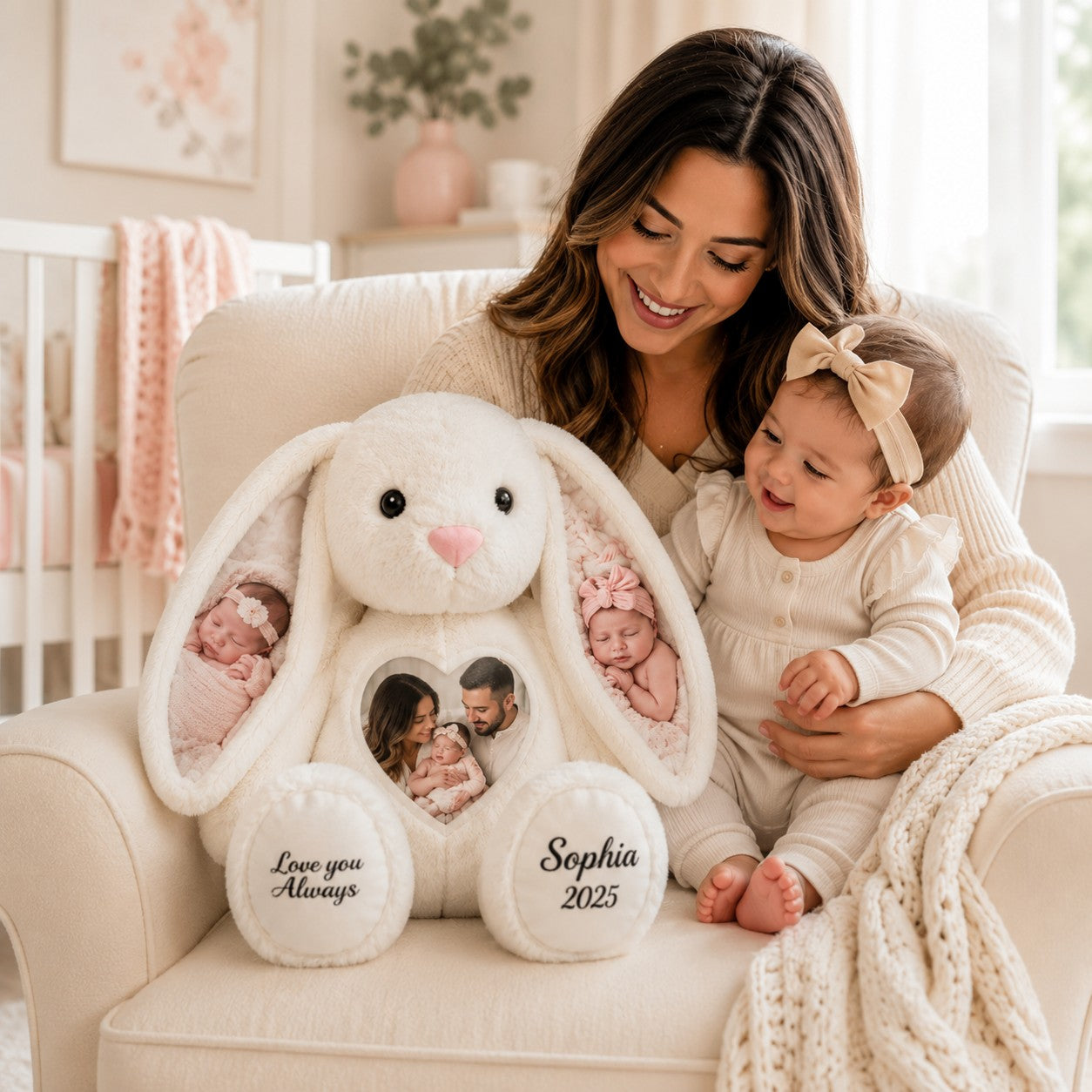 Baby photo bunny Custom Name Wall Clock — personalized with a custom name