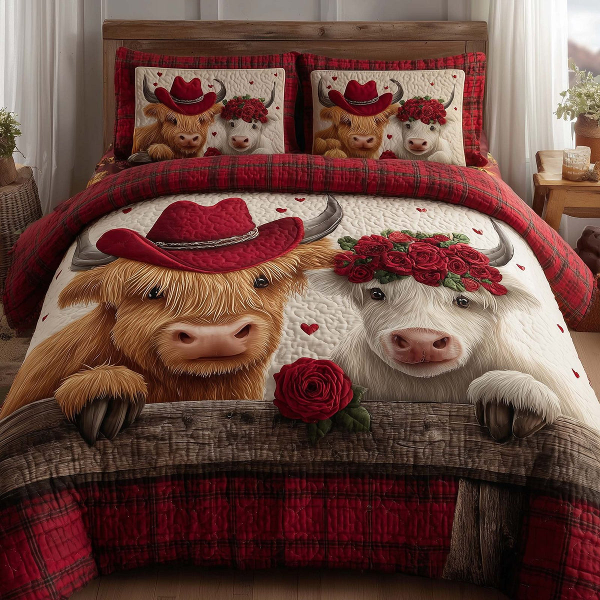 Valentine Couple Cows quilted 3-piece bedding set on a made bed with two matching pillow shams