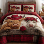 Valentine Couple Cows quilted 3-piece bedding set on a made bed with two matching pillow shams