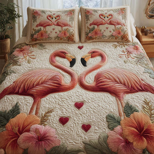 Valentine Couple Flamingos 3-Piece Quilted Bedding Set