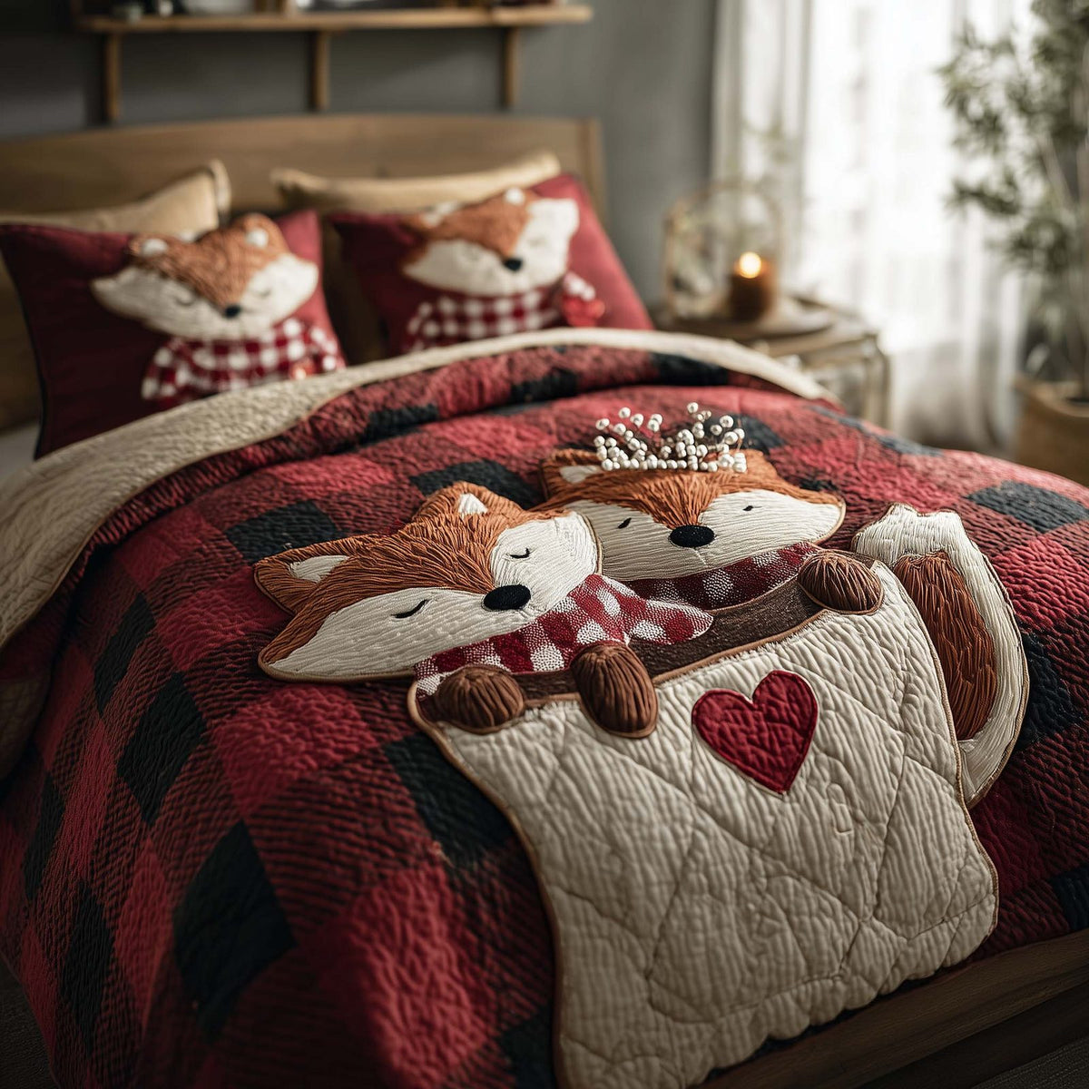 Valentine Couple Foxes quilted 3-piece bedding set on a made bed with two matching pillow shams