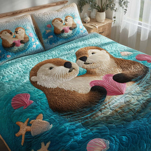 Valentine Couple Otter Hearts 3-Piece Quilted Bedding Set