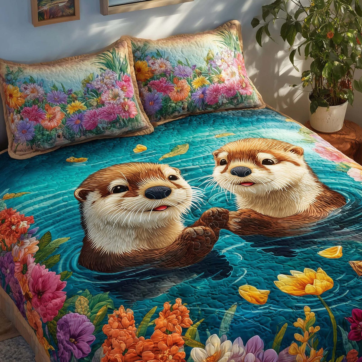 Valentine Couple Otters quilted 3-piece bedding set on a made bed with two matching pillow shams