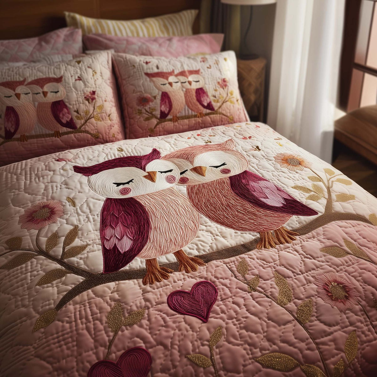 Valentine Couple Owls quilted 3-piece bedding set on a made bed with two matching pillow shams