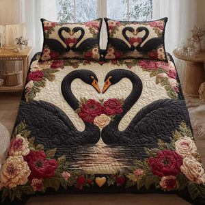Valentine Couple Swans Roses 3-Piece Quilted Bedding Set