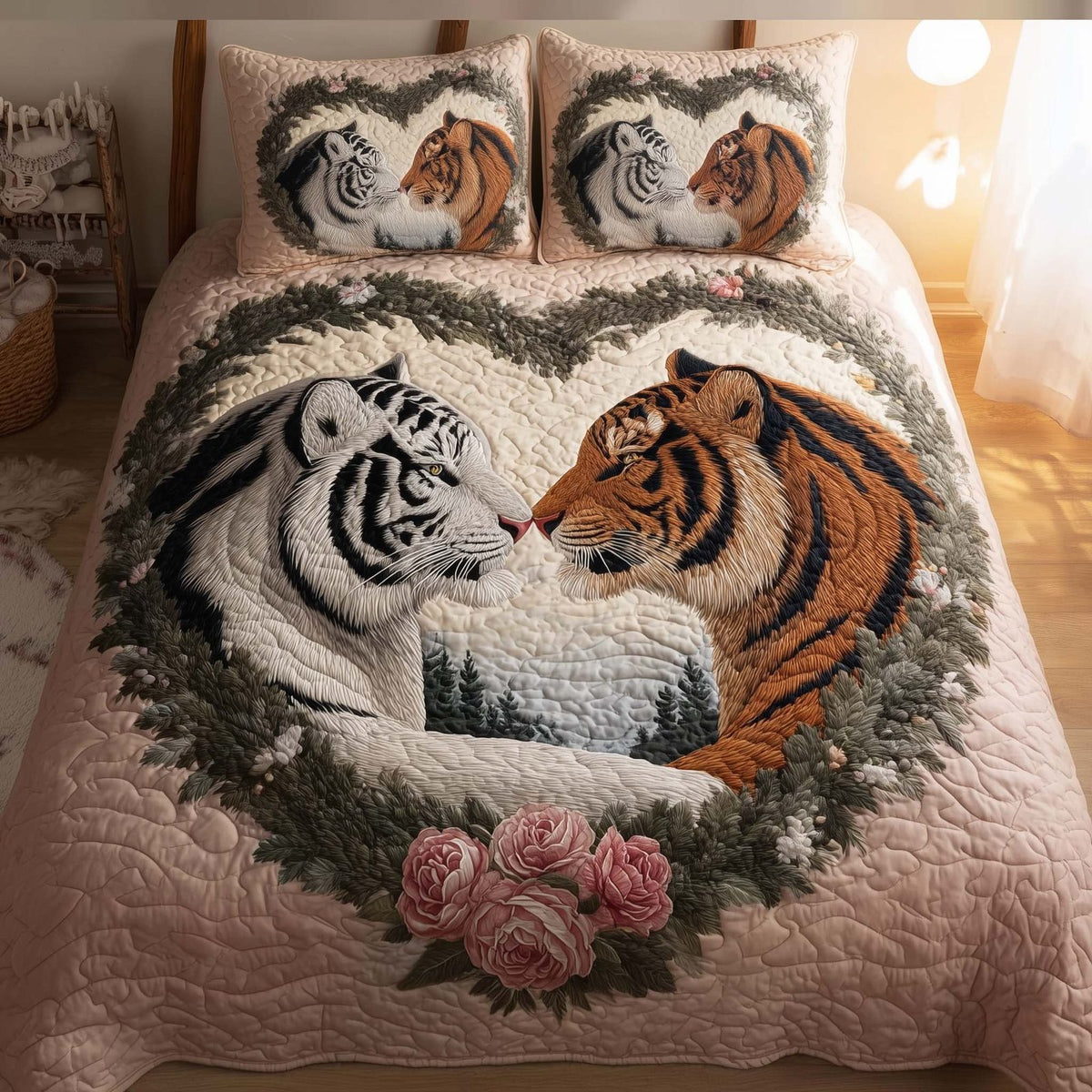 Valentine Couple Tigers quilted 3-piece bedding set on a made bed with two matching pillow shams