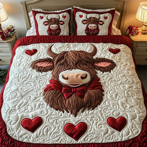 Valentine Highland Cow Bow 3-Piece Quilted Bedding Set