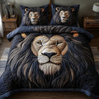 Valor Lion Dark quilted 3-piece bedding set on a made bed with two matching pillow shams
