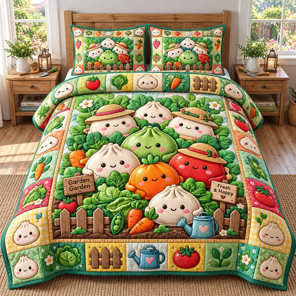 Veggie Garden Dumplings quilted 3-piece bedding set on a made bed with two matching pillow shams