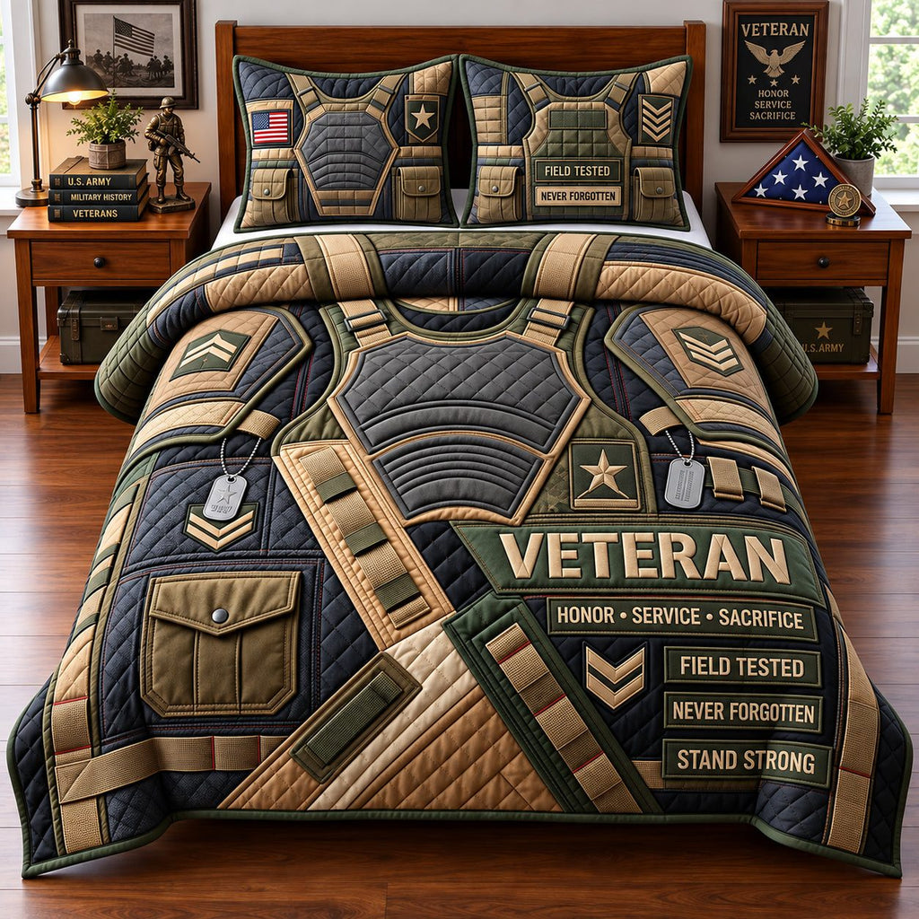 Veteran Field Tested Army Honor quilted 3-piece bedding set on a made bed in a warmly lit bedroom