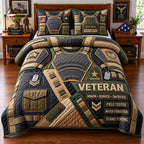 Veteran Field Tested Army Honor quilted 3-piece bedding set on a made bed in a warmly lit bedroom