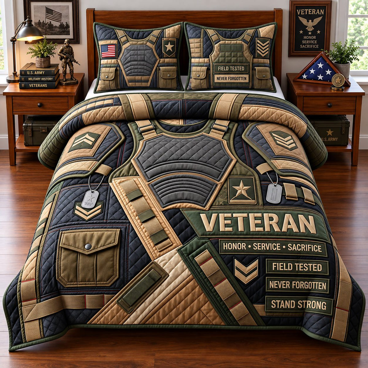 Veteran Field Tested Army Honor quilted 3-piece bedding set on a made bed in a warmly lit bedroom