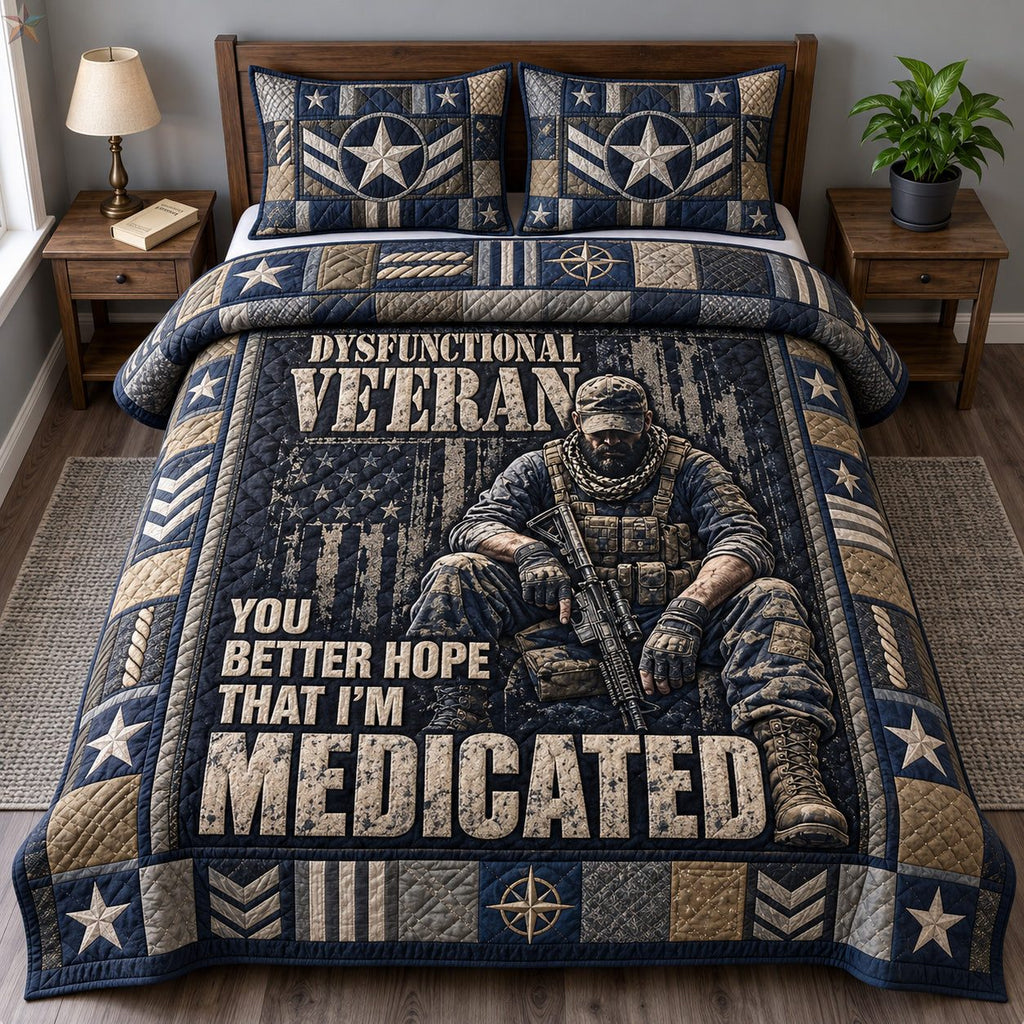Veteran Humor quilted 3-piece bedding set on a made bed in a warmly lit bedroom