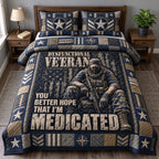 Veteran Humor quilted 3-piece bedding set on a made bed in a warmly lit bedroom