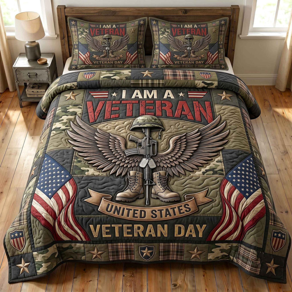 Veteran Pride Day quilted 3-piece bedding set on a made bed in a warmly lit bedroom