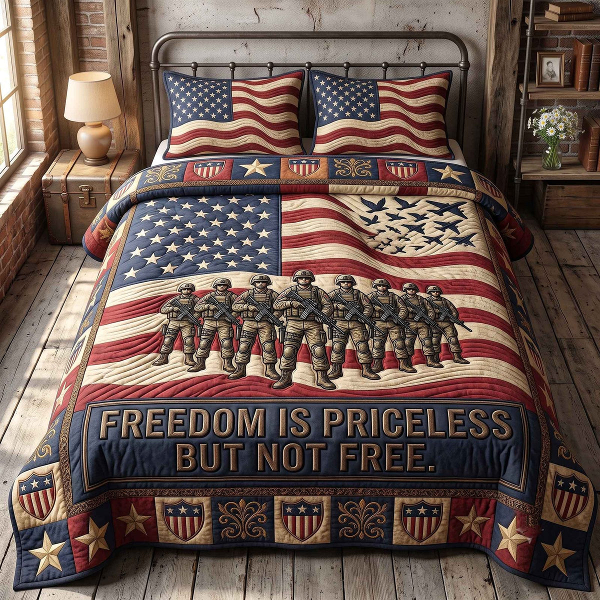 Veteran Pride Priceless quilted 3-piece bedding set on a made bed in a warmly lit bedroom