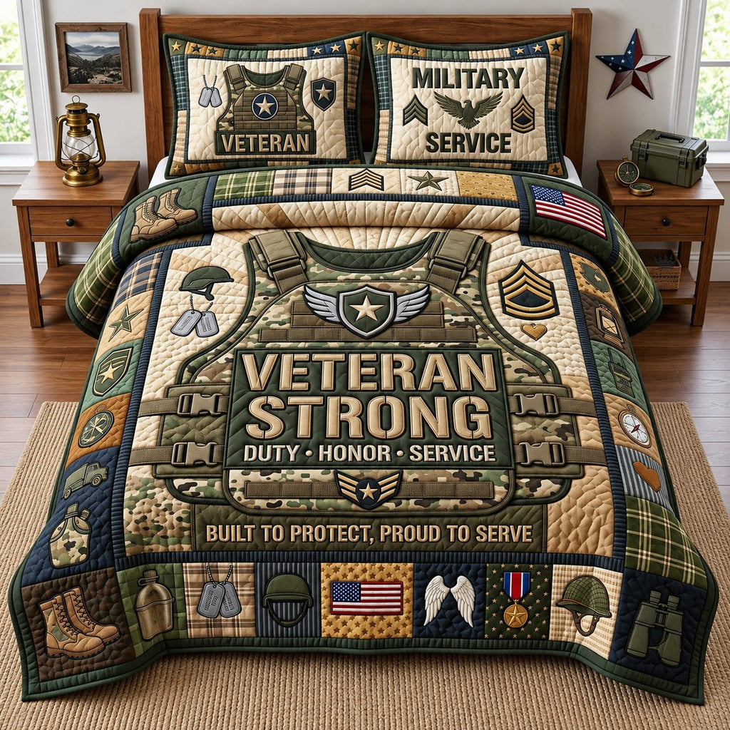 Veteran Strong Duty Honor Service quilted 3-piece bedding set on a made bed in a warmly lit bedroom