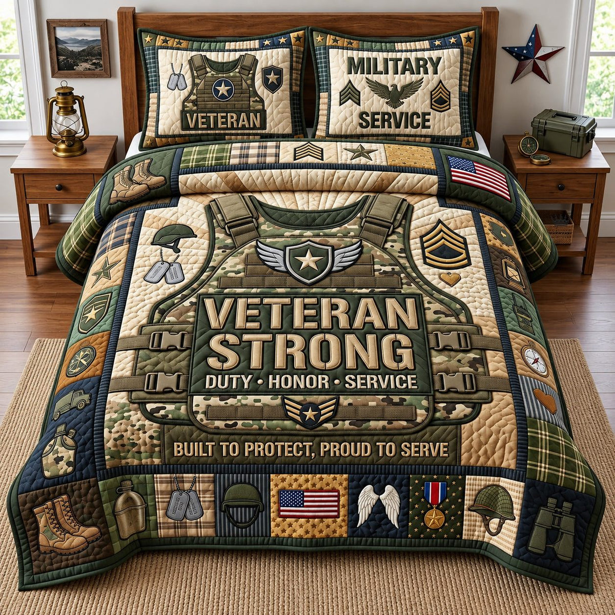 Veteran Strong Duty Honor Service quilted 3-piece bedding set on a made bed in a warmly lit bedroom
