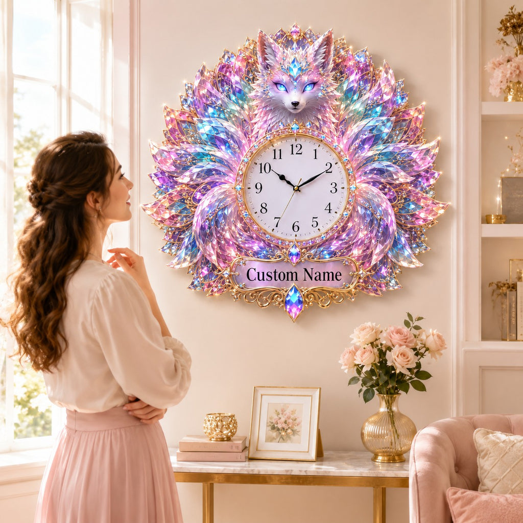 Crystal fox Custom Name Wall Clock — personalized with a custom name
