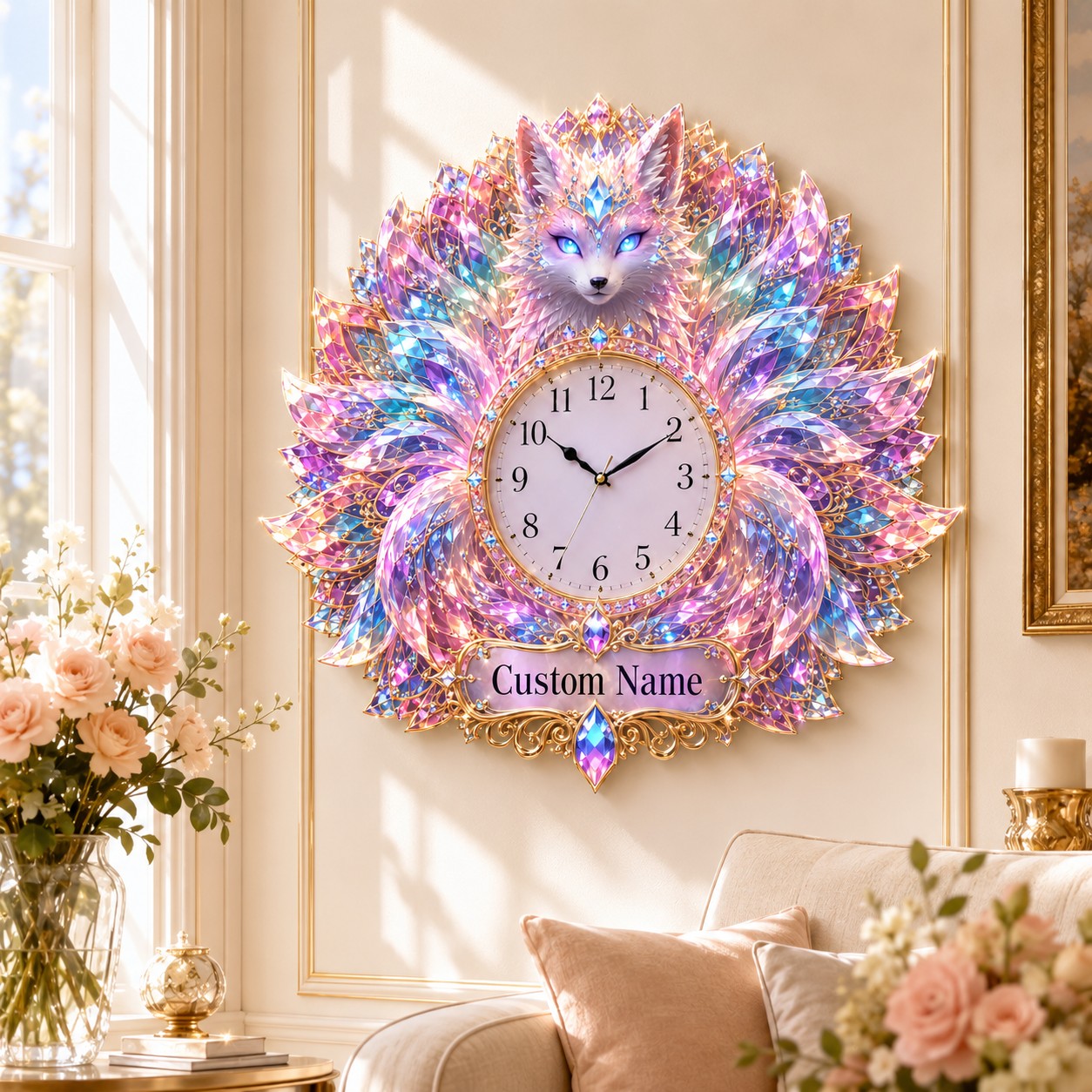 Crystal fox Custom Name Wall Clock — personalized with a custom name