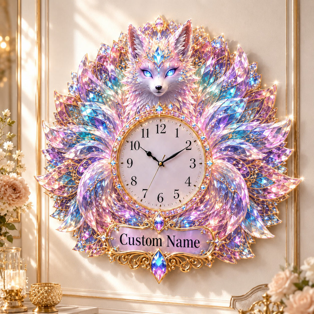 Crystal fox Custom Name Wall Clock — personalized with a custom name