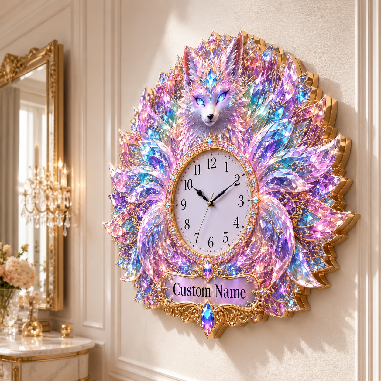Crystal fox Custom Name Wall Clock — personalized with a custom name