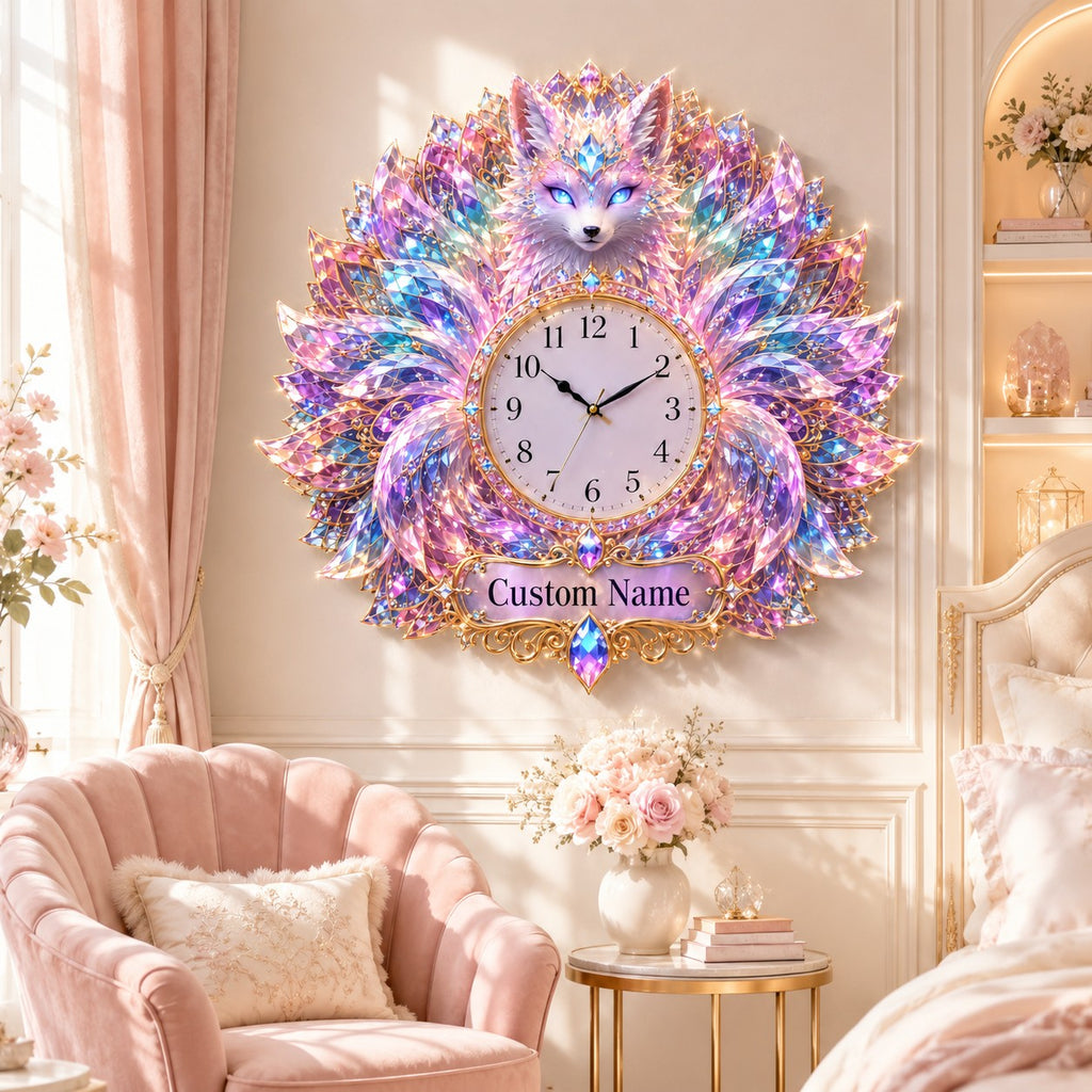 Crystal fox Custom Name Wall Clock — personalized with a custom name