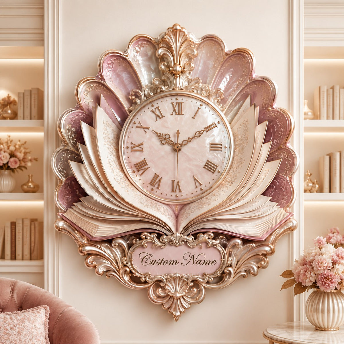 Personalized Pearl Book Bloom Wall Clock — personalized with a custom name