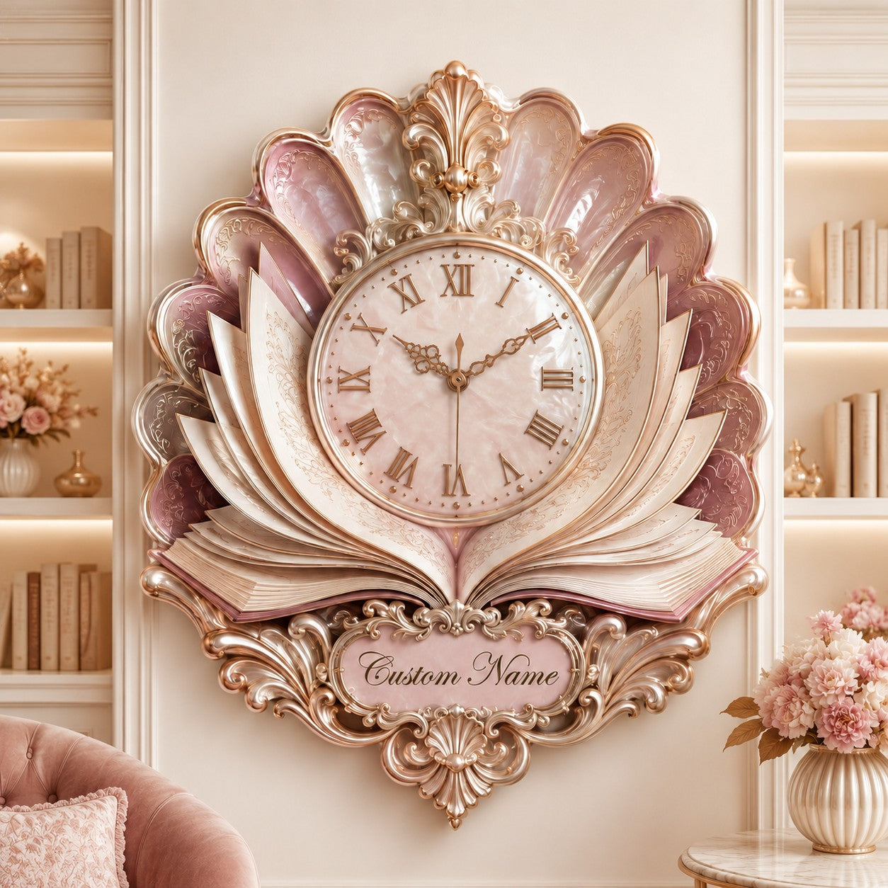 Personalized Pearl Book Bloom Wall Clock — personalized with a custom name