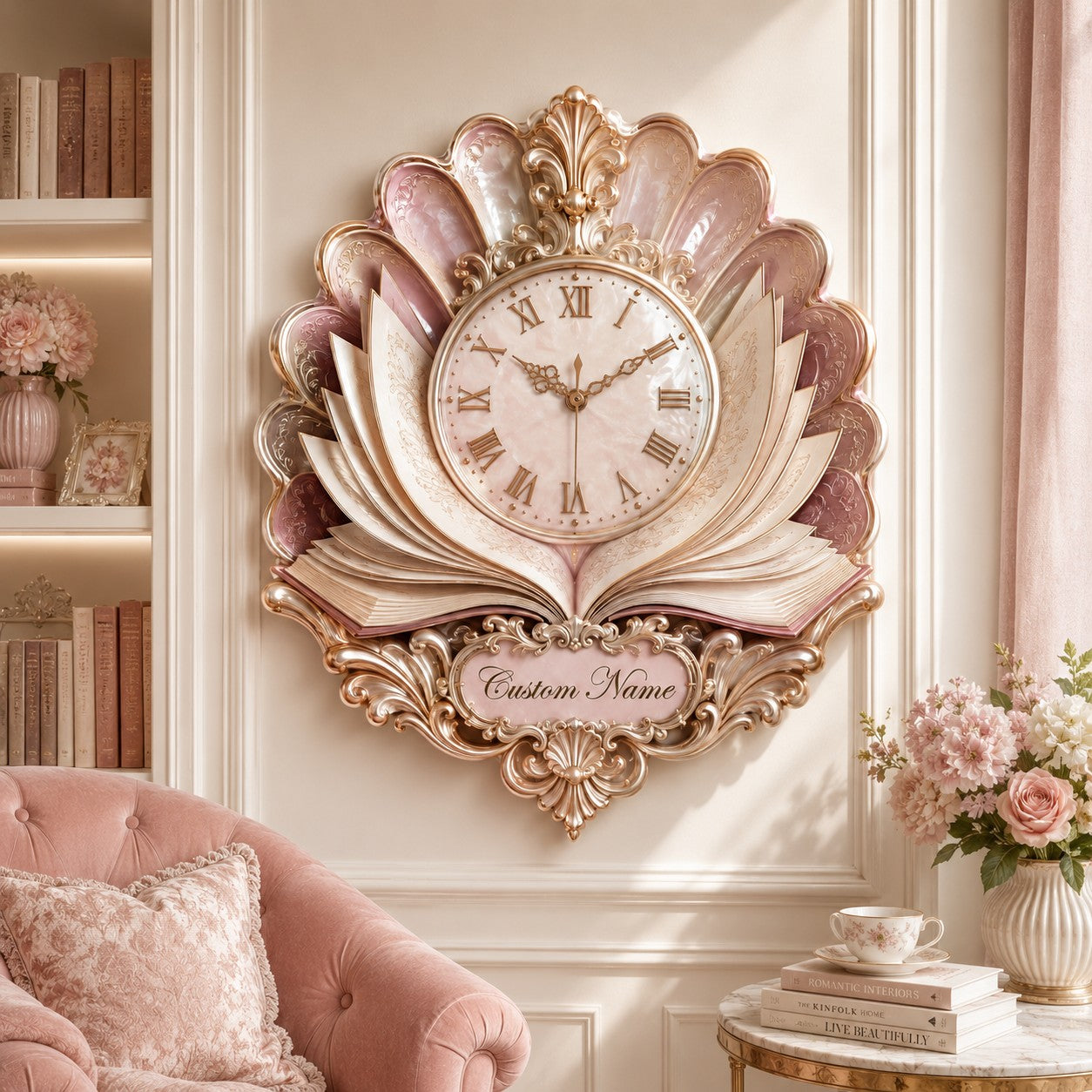 Personalized Pearl Book Bloom Wall Clock — personalized with a custom name