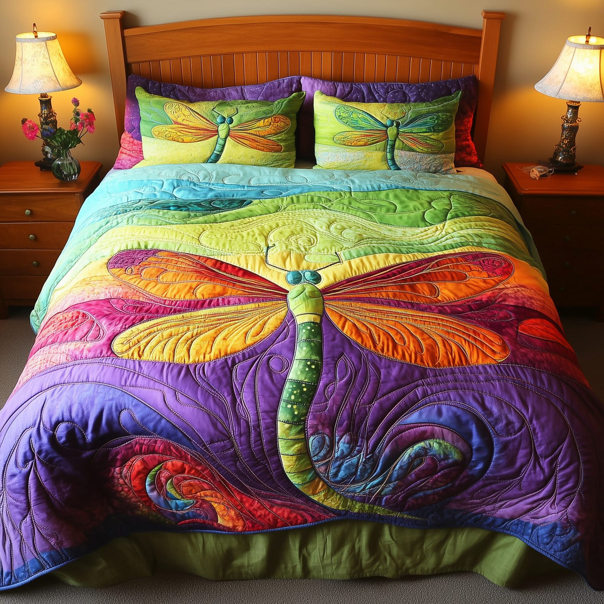 Vibrant Dragonfly Blue quilted 3-piece bedding set on a made bed with two matching pillow shams