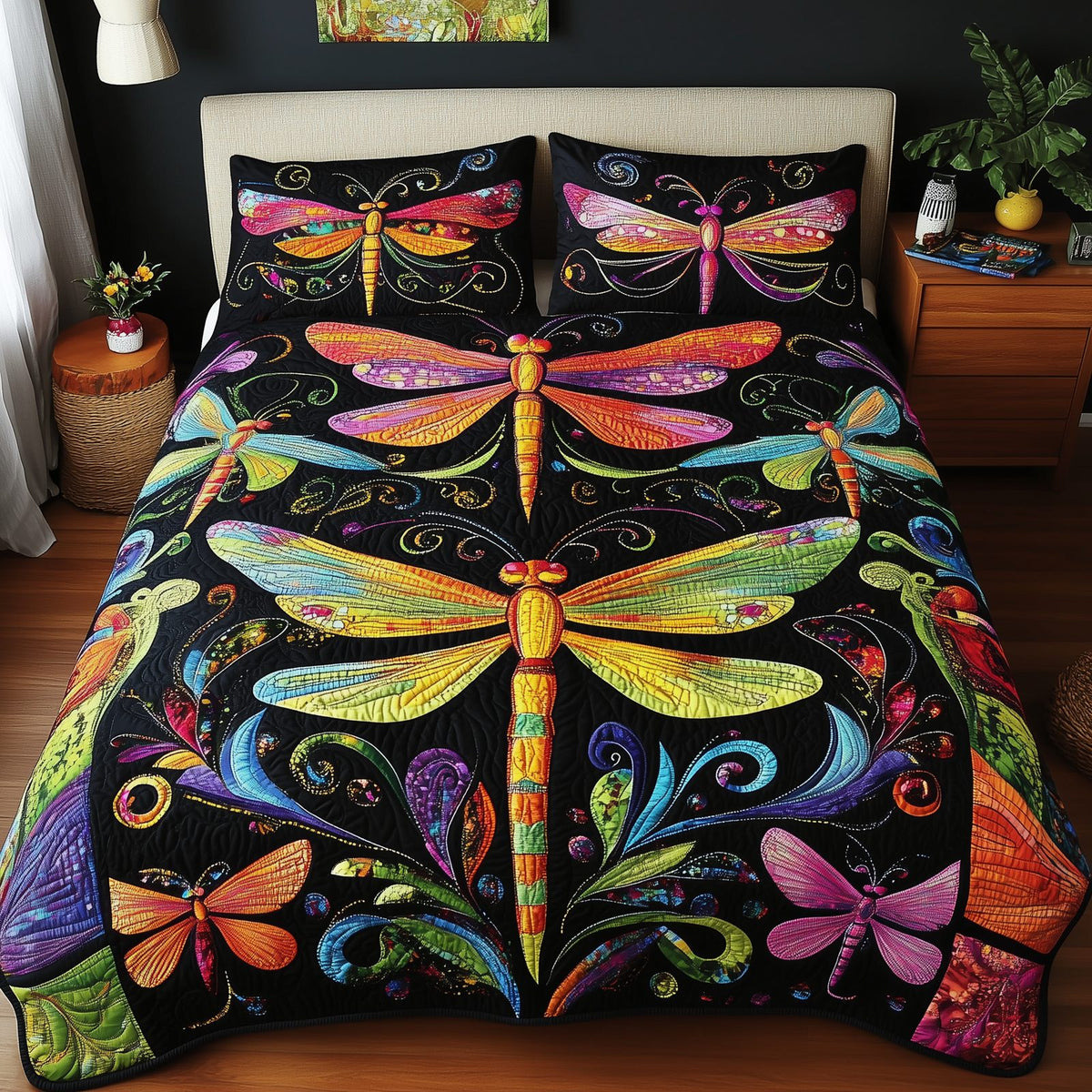 Vibrant Dragonfly Night quilted 3-piece bedding set on a made bed with two matching pillow shams