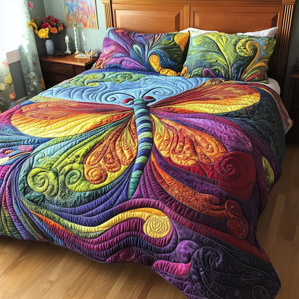 Vibrant Dragonfly Rainbow quilted 3-piece bedding set on a made bed with two matching pillow shams