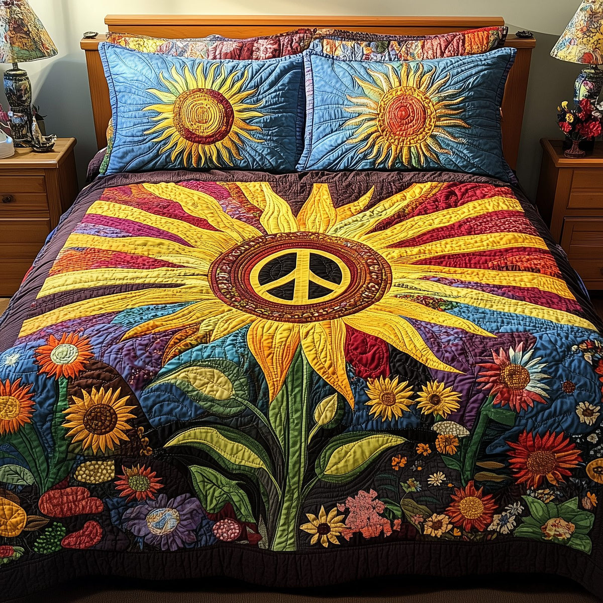 Vibrant Peace Blue quilted 3-piece bedding set on a made bed with two matching pillow shams