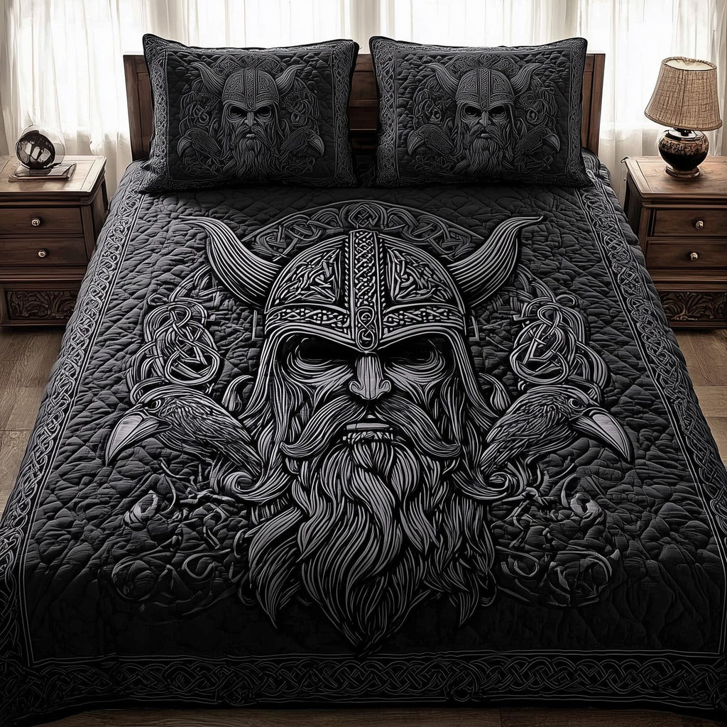 Viking God Beard quilted 3-piece bedding set on a made bed in a softly lit bedroom