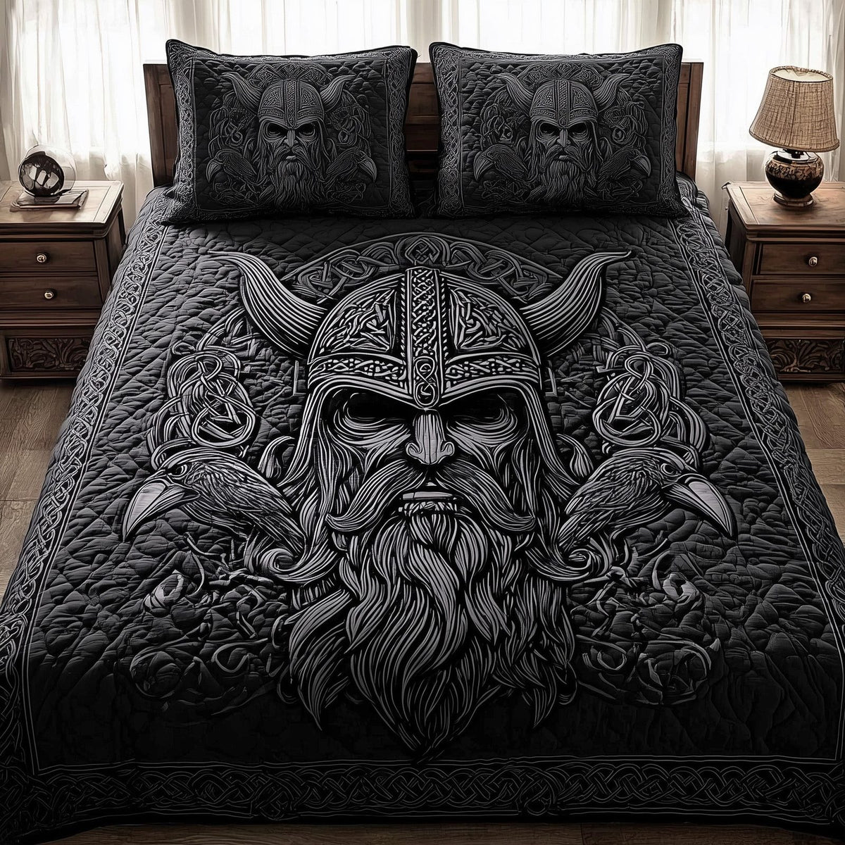 Viking God Beard quilted 3-piece bedding set on a made bed in a softly lit bedroom