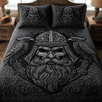 Viking God Dark quilted 3-piece bedding set on a made bed in a softly lit bedroom