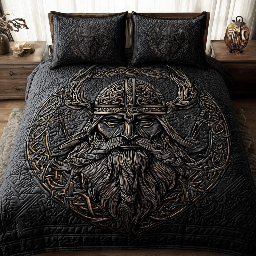 Viking God Runes quilted 3-piece bedding set on a made bed in a softly lit bedroom