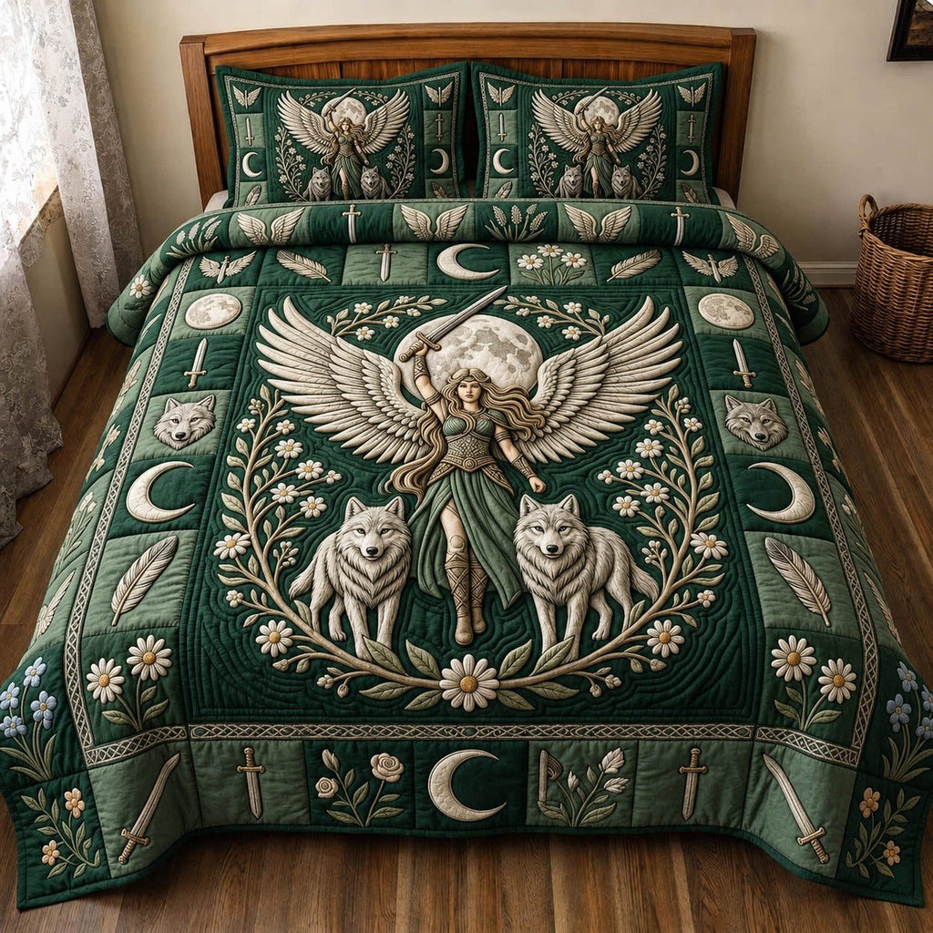 Viking Goddess Green quilted 3-piece bedding set on a made bed with two matching pillow shams