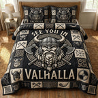 Viking Heritage Valhalla quilted 3-piece bedding set on a made bed in a farmhouse bedroom