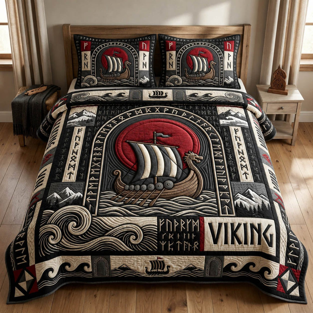 Viking Longship Red quilted 3-piece bedding set on a made bed with two matching pillow shams