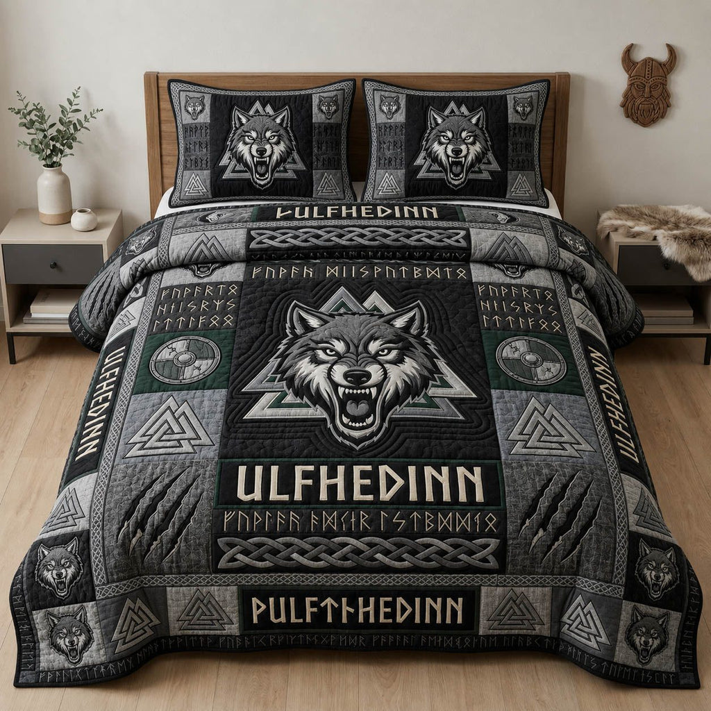 Viking Wolf quilted 3-piece bedding set on a made bed with two matching pillow shams