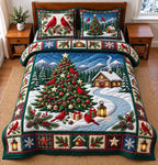 Village Christmas Tree quilted 3-piece bedding set on a made bed in a winter-styled bedroom